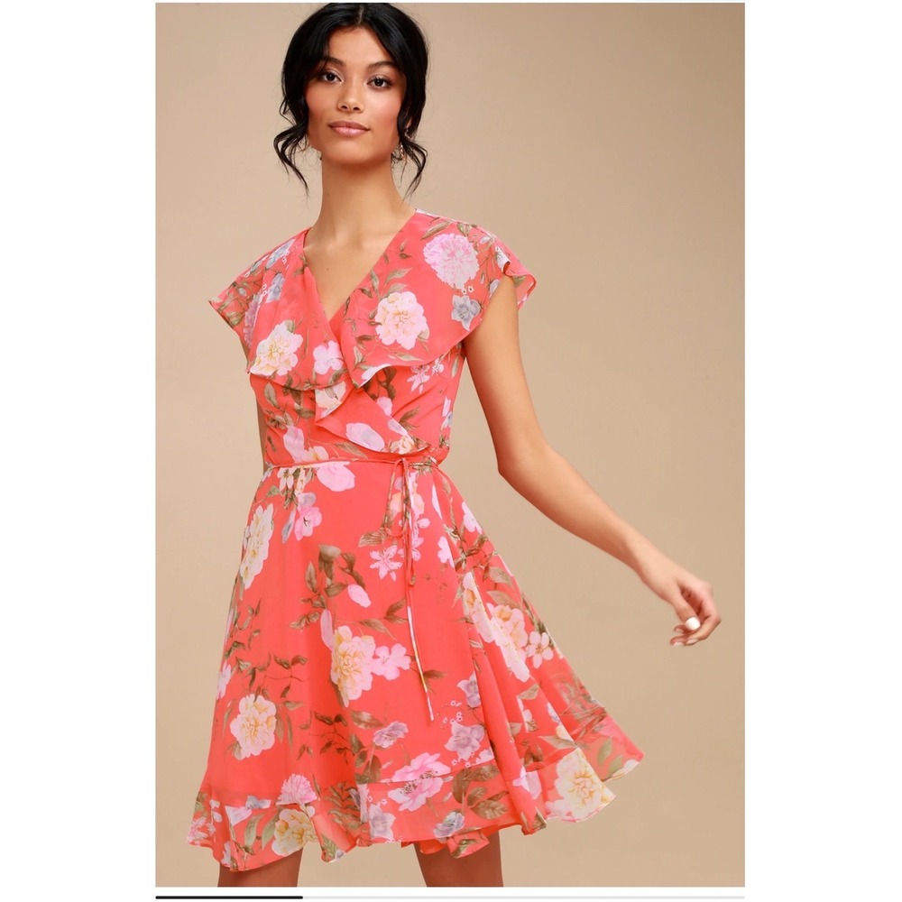 Lulus Meet Me In The Garden Pink Floral Ruffle Wrap Mini Dress Flutter Sleeve